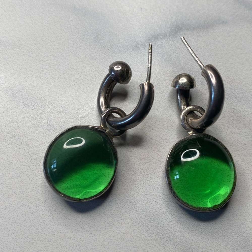 Green glass sterling silver 925 hoop earrings with dangles convertible‎ charm